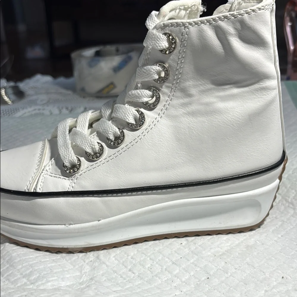 White Lace Up Boots with Textured Canvas and Rubber Sole